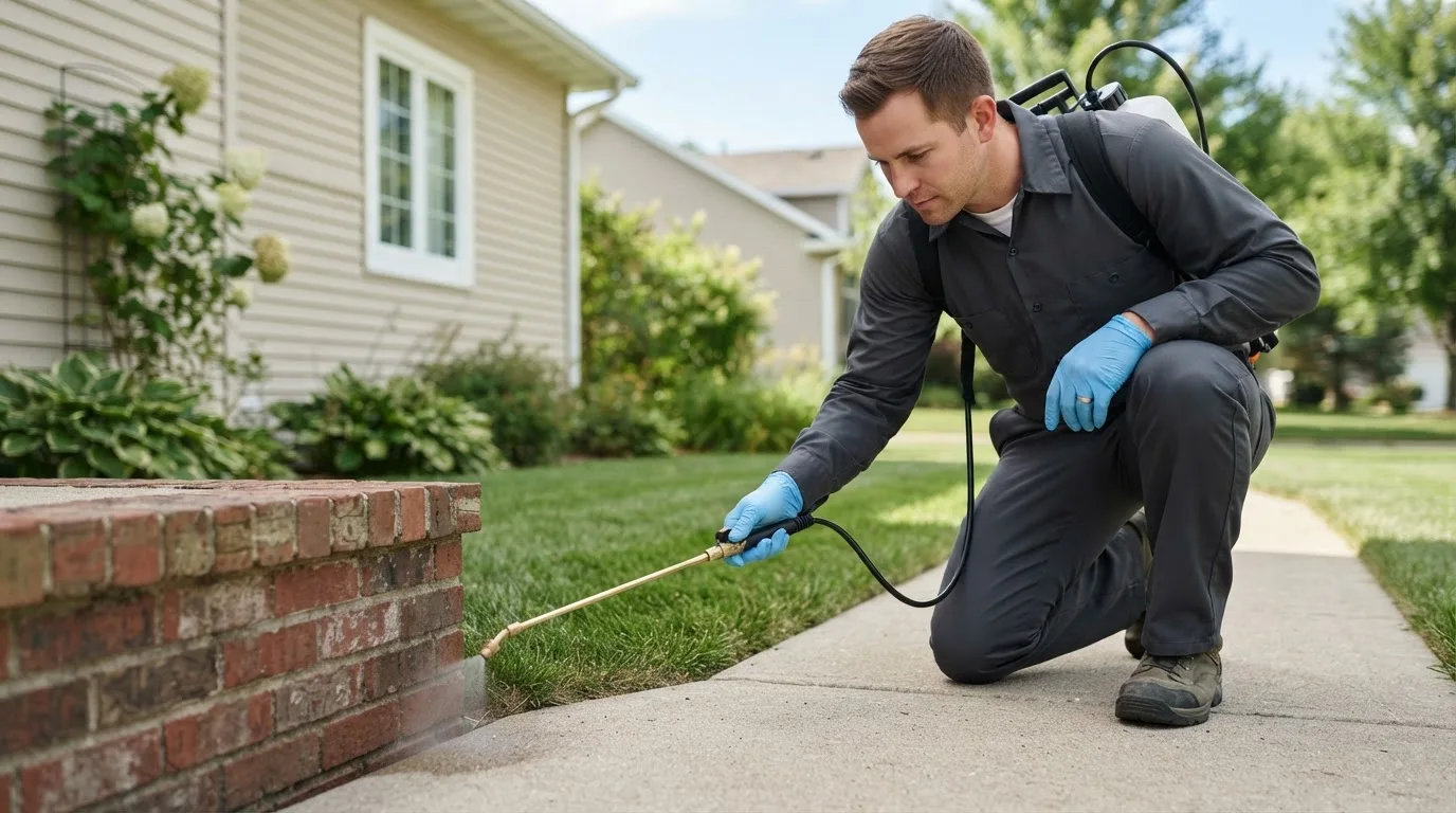 Pest control technician treating a home near New Geneva, PA